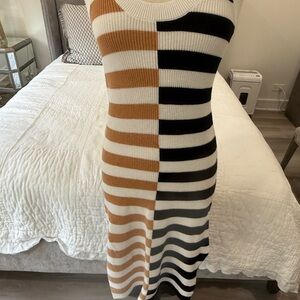 Striped Knit Midi Dress - Black, White, and Brown